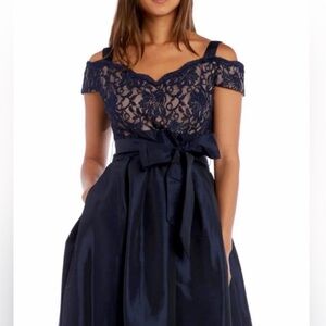 Navy Blue Lace Cold Shoulder Formal Dress with Bow